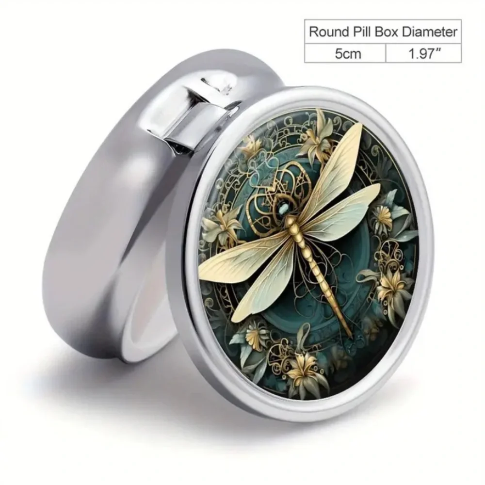 Teal Gold Dragonfly Pill Box Mirror 3 Compartment Travel Case